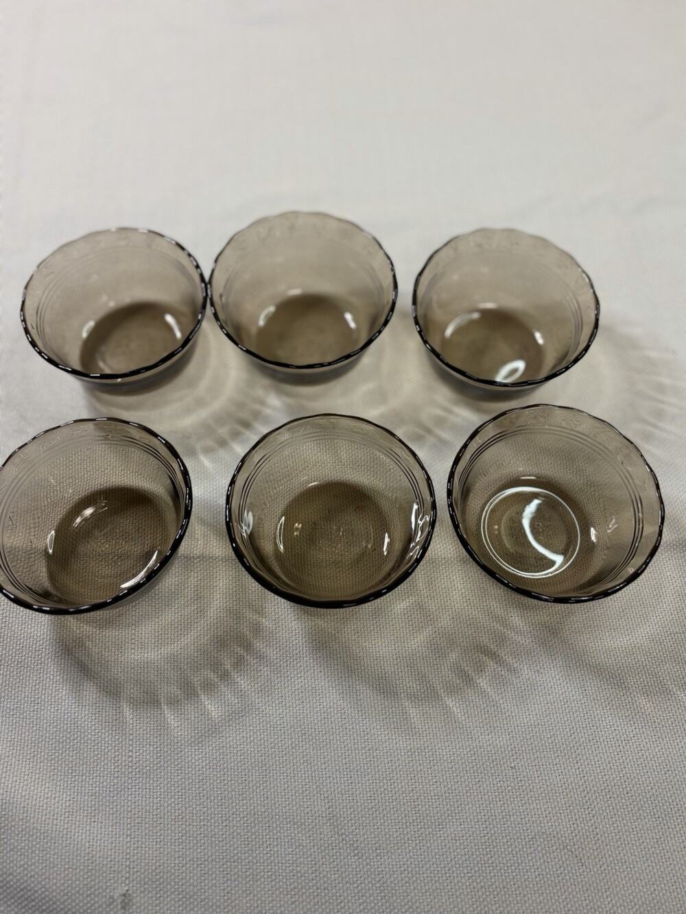 VTG Corning Pyrex H-19 Smoke Brown 466 Custard Dessert Bowls USA Set Of 6
